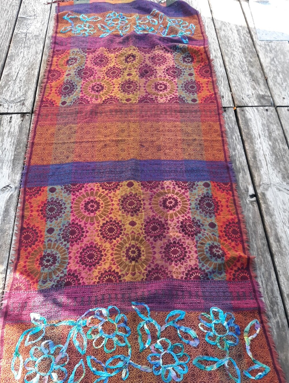 Vismaya Purple Floral Ribbon Embroidery Scarf Wrap Shawl Fringe Boho 72x26